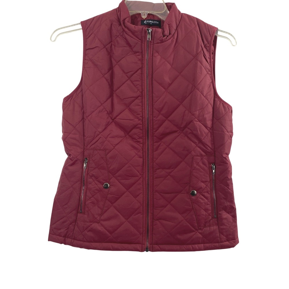 Fuinloth‎ Womens Small Burgundy Quilted Puffer Vest Mock Neck Sleeveless Jacket
